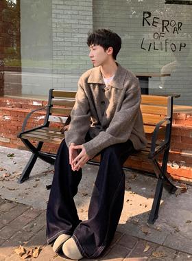 ROOR春秋混纺盘格针织毛衣男cleanfit翻领慵懒老钱风开衫休闲外套