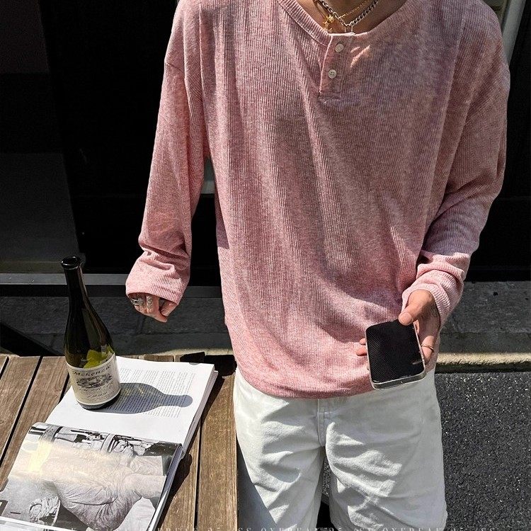 OXFREAK「人夫感 老钱风」粉色亨利领长袖t恤男秋季薄款宽松上衣