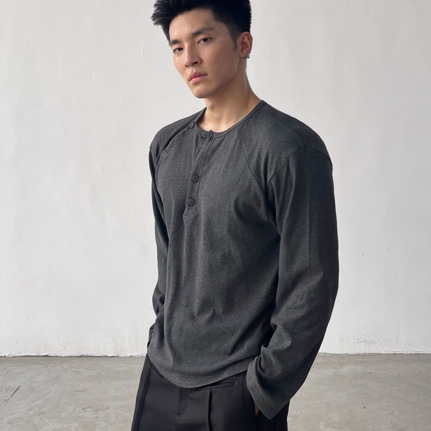 MASONSOUL 亨利领长袖T恤男柔软舒适百搭显身材健身宽松休闲上衣