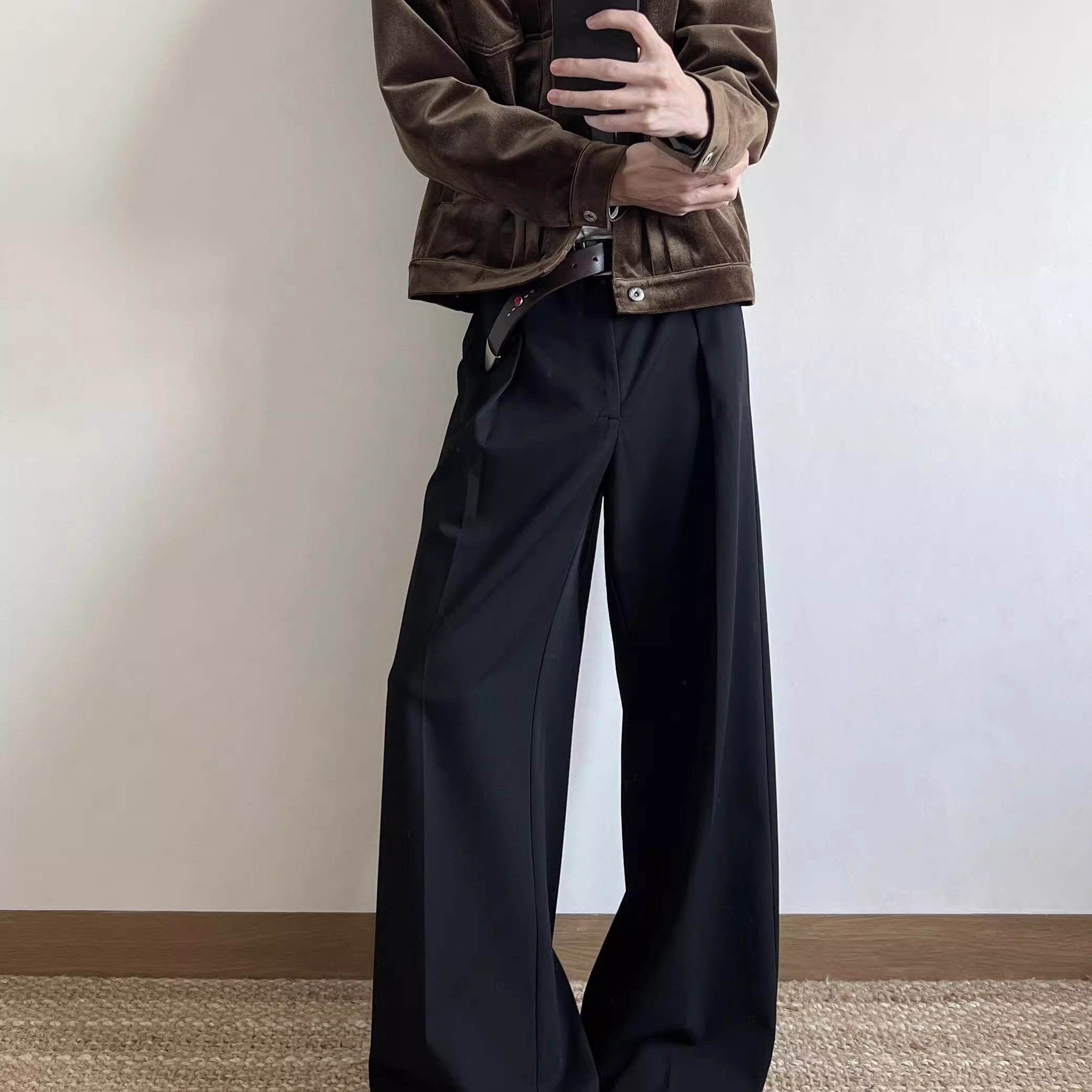 美式立体分褶TR混纺A字阔腿垂感西裤男女通勤直筒cleanfit长裤子