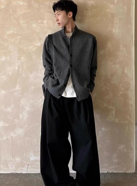 ROOR美式复古慵懒风灰色绅士立领针织开衫男女老钱风休闲毛衣外套