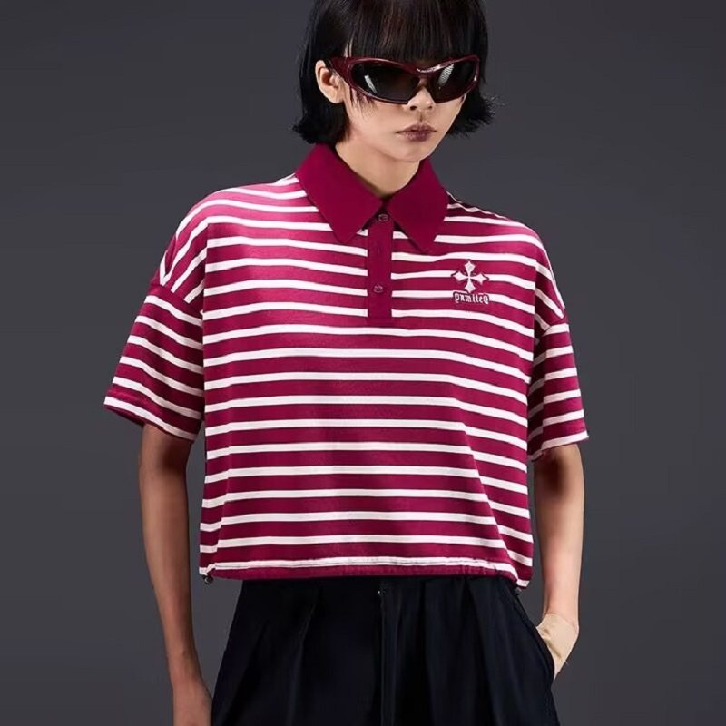 拓谷2026春夏新款专柜女条纹短袖T恤Polo领美式高端欧货宽松上衣图片