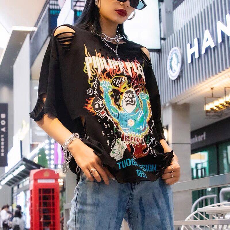 拓谷2025春夏新款专柜女宽松半袖纯棉t恤女时尚破洞印花短袖上衣