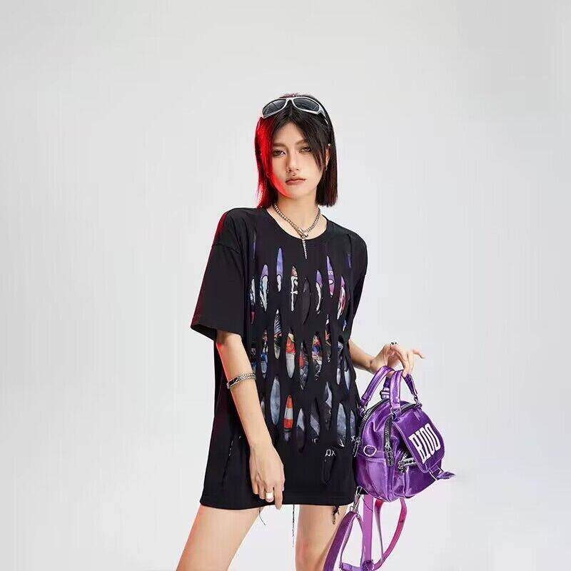 拓谷2023夏季专柜女潮牌破洞短袖t恤美式设计拼接宽松半袖上衣