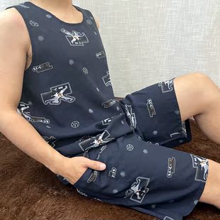 夏天中青年大码无袖纯棉绸睡衣睡裤家居服男士背心短裤套装空调服