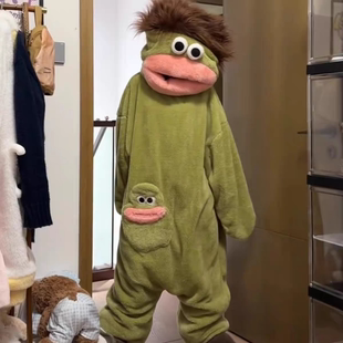 大嘴怪睡衣女冬加厚情侣连体丑鱼睡袍毛绒个性搞怪丑萌男冬季搞笑