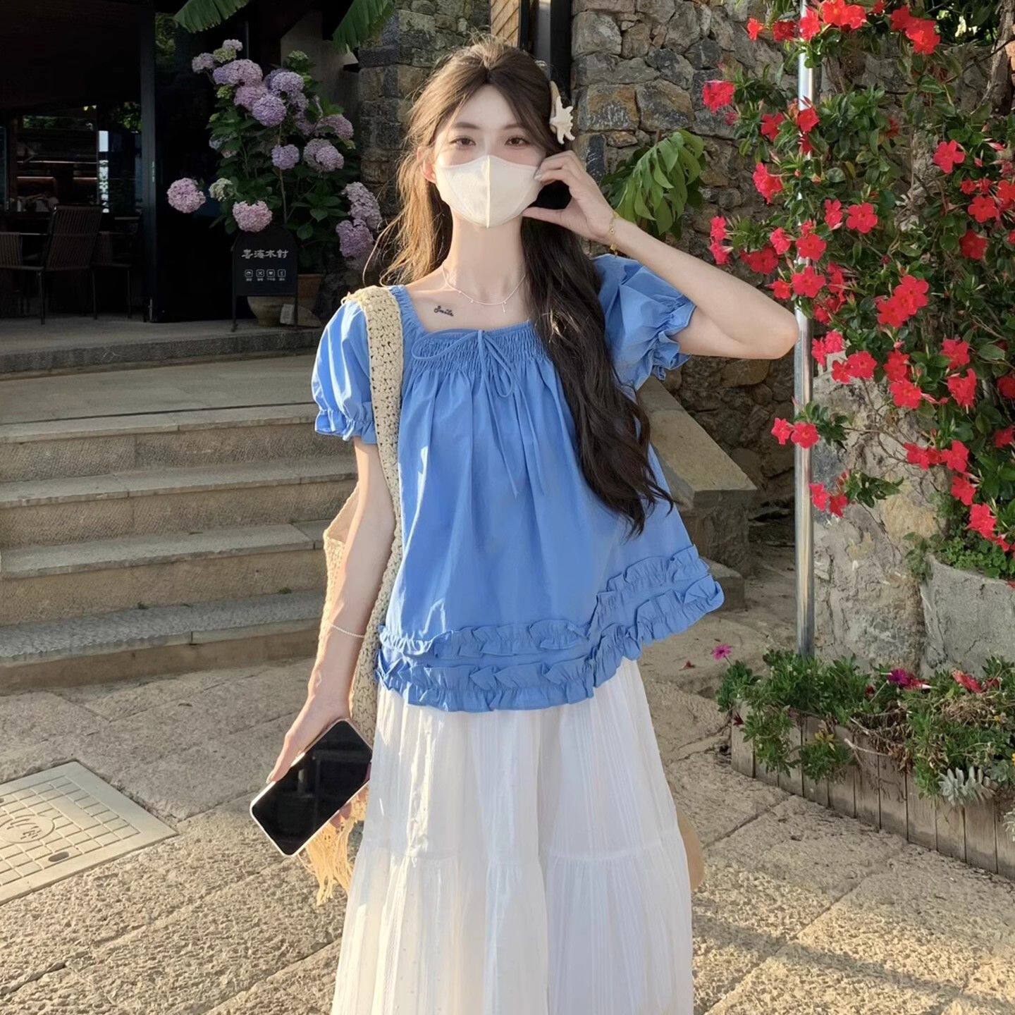 克莱因蓝色短袖上衣女夏多巴胺套装法式漂亮泡泡袖娃娃衫T恤