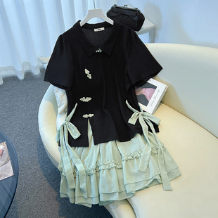 胖mm新中式 女装 盘扣上衣半身短裙套装 夏季 130 新款 350斤特大码