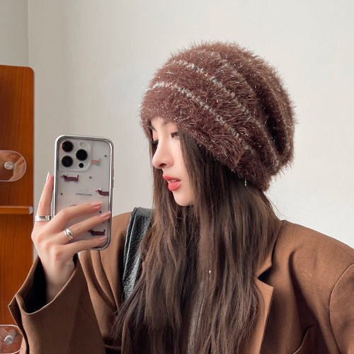 秋冬新款多巴胺撞色高级感堆堆帽日系百搭毛绒护耳显脸小包头帽女