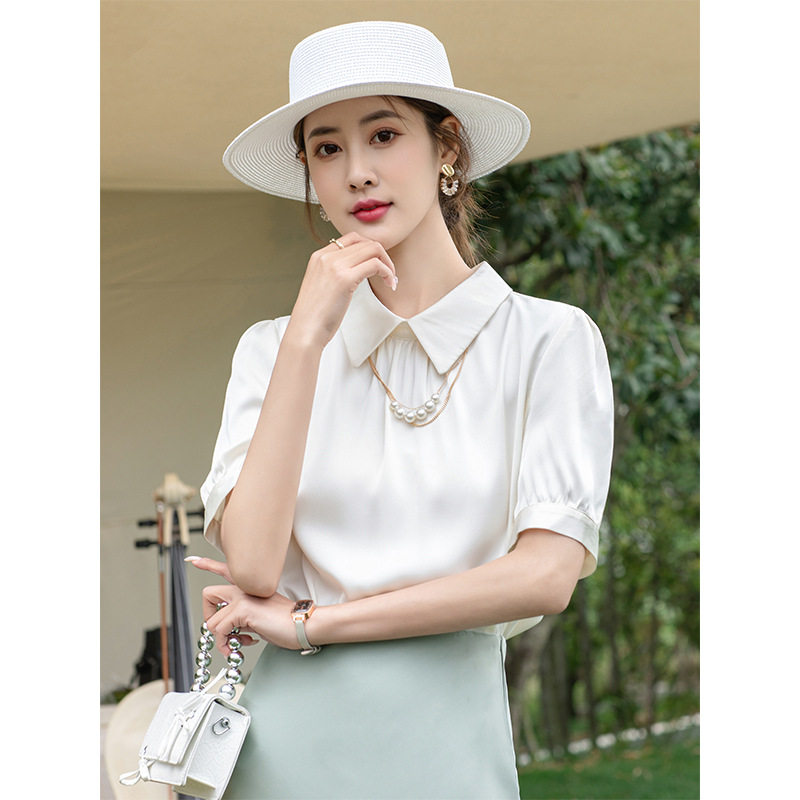 欧洲站女装2026夏新款重磅真丝纯色翻领短袖桑蚕丝T恤上衣女