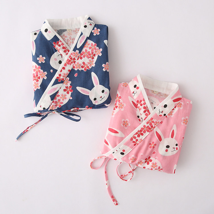 春夏秋女童长短袖纱布睡裙日本和服纯棉儿童中国汉服睡衣和风樱花