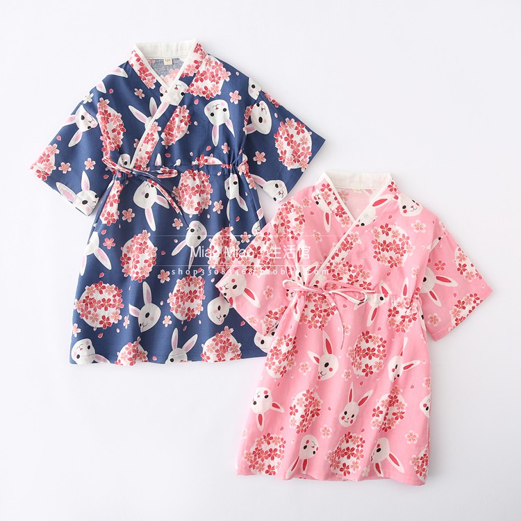 夏季女童短袖纱布睡裙日本和服纯棉儿童中国风亲子汉服睡衣樱花