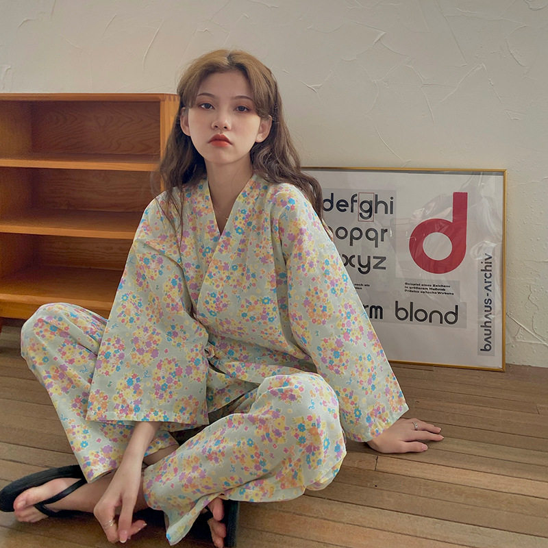 INS风碎花日式家居服 日本纯棉纱布女长袖睡衣和服浴衣系带 柔软