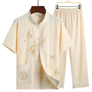 清仓棉麻唐装睡衣男夏季短袖老人衣服爷爷中国风亚麻家居服爸爸装