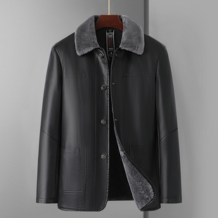 中老年翻领皮衣男士秋冬季加绒加厚爸爸装外套宽松保暖爷爷皮袄子