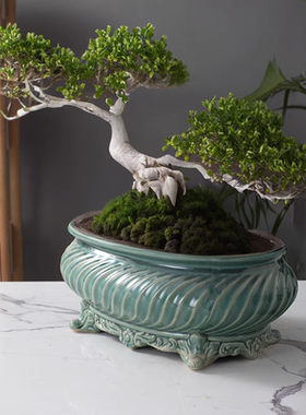 开片裂纹高档椭圆长方盆景陶瓷盆窑变复古仿宋瓷透气家居盆栽花盆