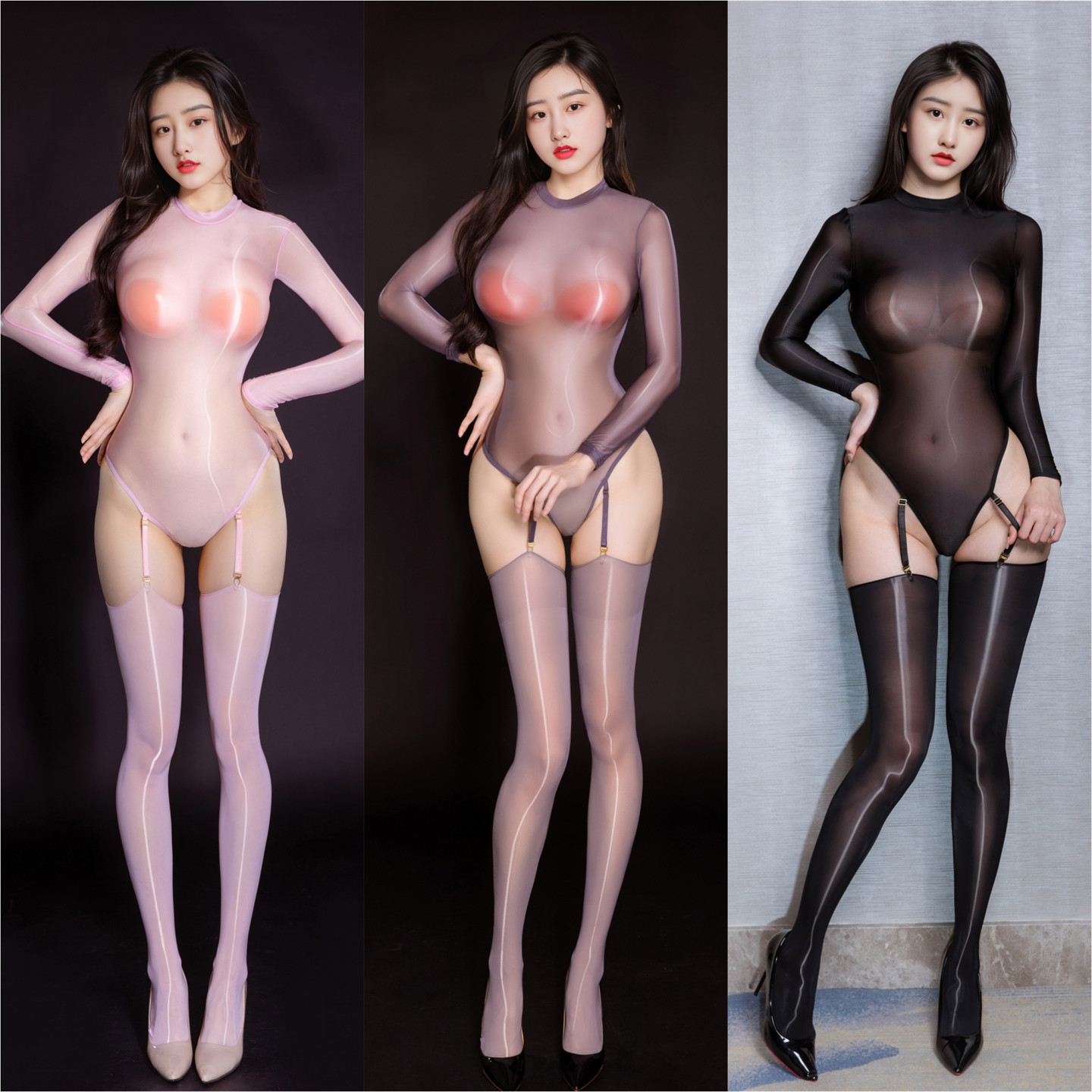 桃味丝：【吊带全包紧身高开叉连体衣】透明油亮性感开档内衣紧身