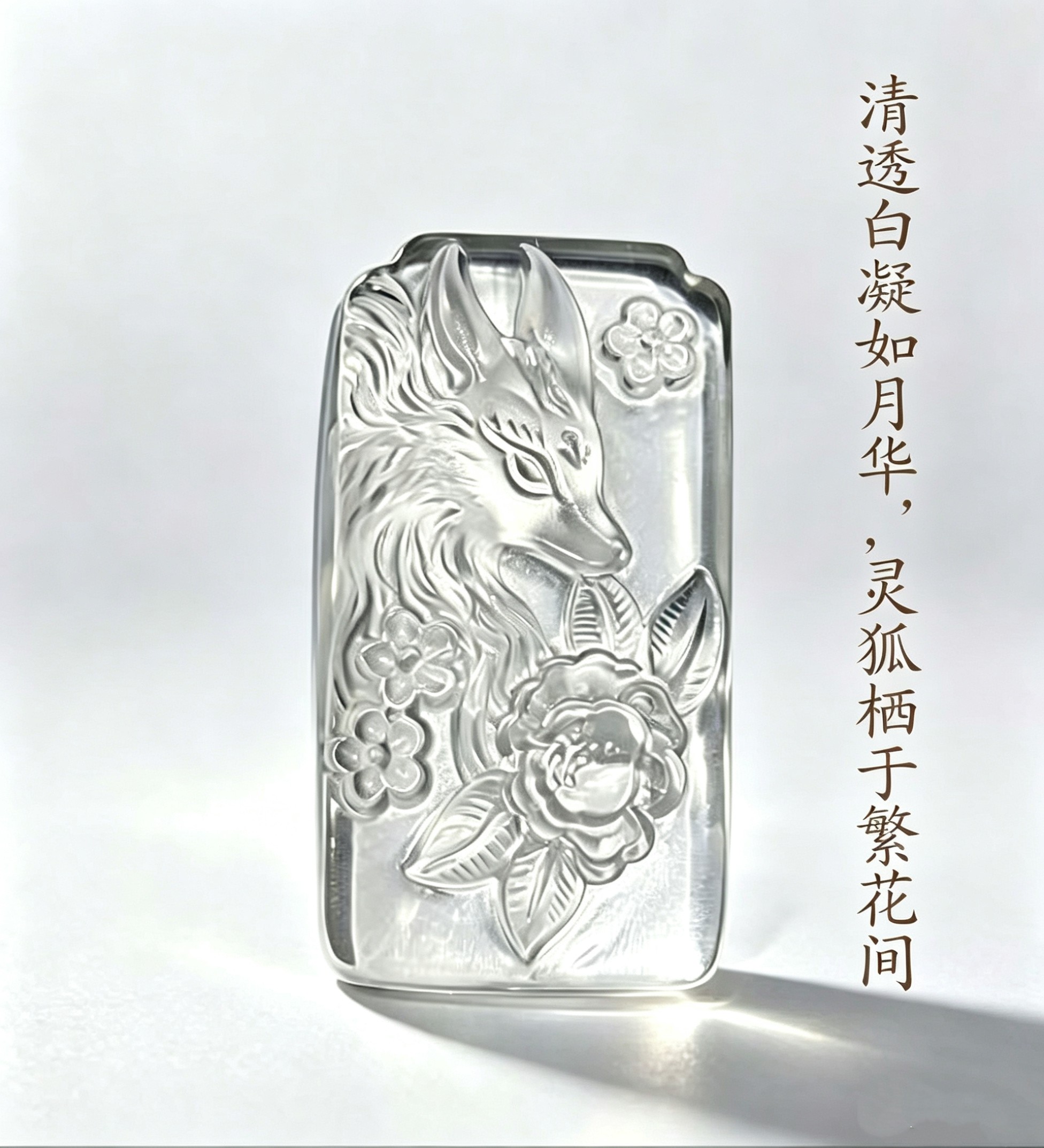 天然白水晶九尾狐无事牌吊坠高冰透原石雕刻狐狸牡丹花牌男女挂坠