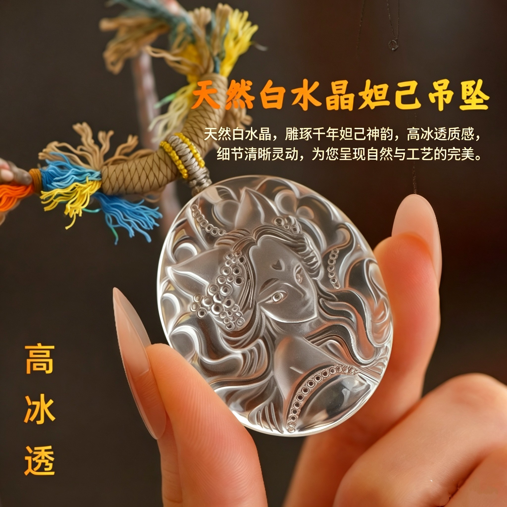 天然白水晶九尾狐吊坠女高冰透苏妲己挂件手工编绳项链古风送礼物