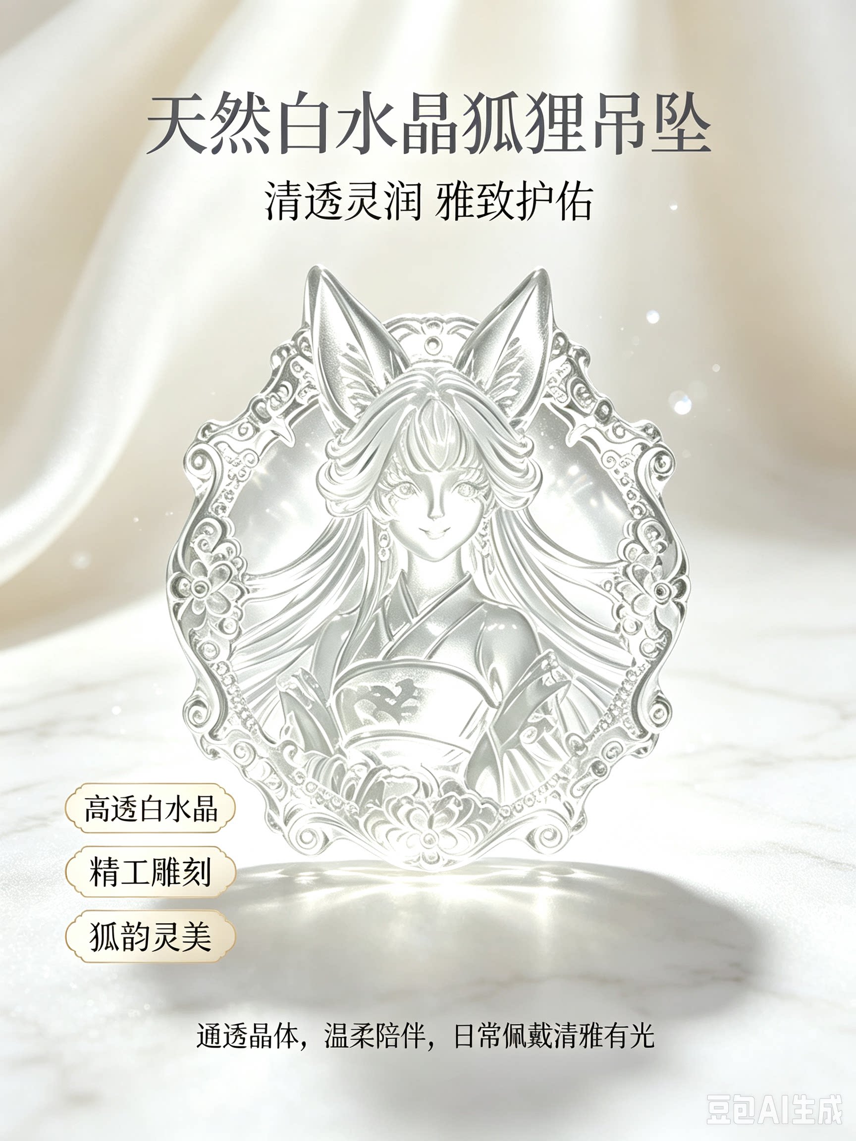 天然白水晶灵狐吊坠高冰透体狐仙美人雕刻件精致狐狸女款项链挂坠
