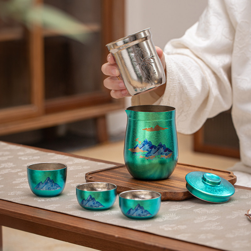 执彩彩钛纯钛便携旅行茶具收纳套组一壶三杯出行利器泡茶神器