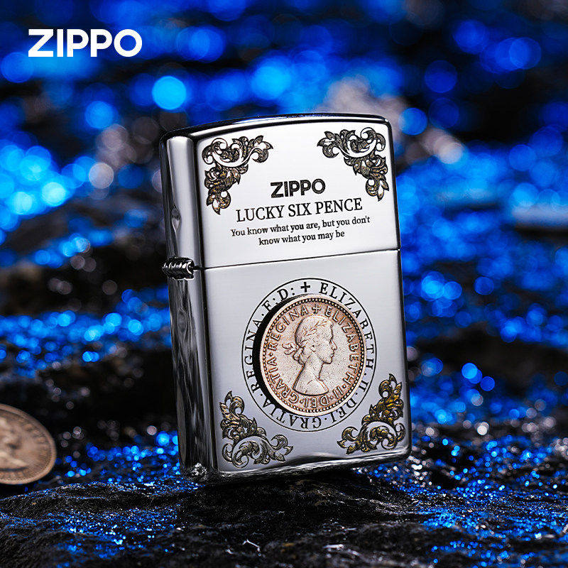 zippo打火机镜面深雕贴章六便士图片