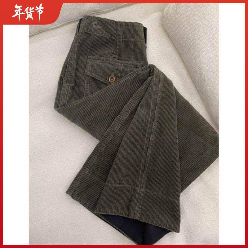 爆款军绿色宽松灯芯绒休闲裤女士2025秋冬季复古高腰百搭阔腿裤子,女装/女士精品,休闲裤,淘宝优惠券,粉丝福利购,淘宝优惠卷