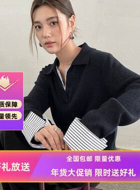 FONE简禾2025秋冬新款老钱风POLO领拼接假两件针织衫毛衣女58651