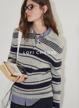 Lofi choose 条纹Polo领针织毛衣女秋季新款简约宽松百搭长袖上衣