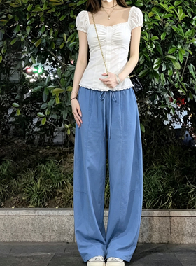 今年流行的夏装套装女百搭短款内搭上衣蓝色垂感工装慵懒风弯刀裤
