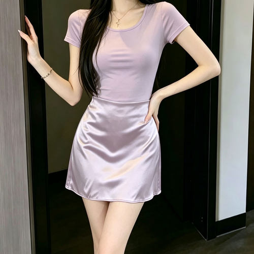 紫色醋酸缎面半身裙套装女夏季独特漂亮掐腰显瘦裙子包臀短裙套装