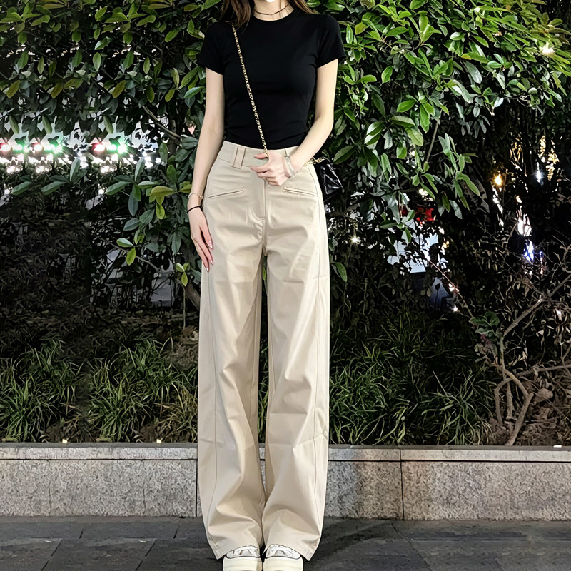 175高个子加长美式直筒阔腿卡其工装裤女夏季高腰显瘦休闲西装裤