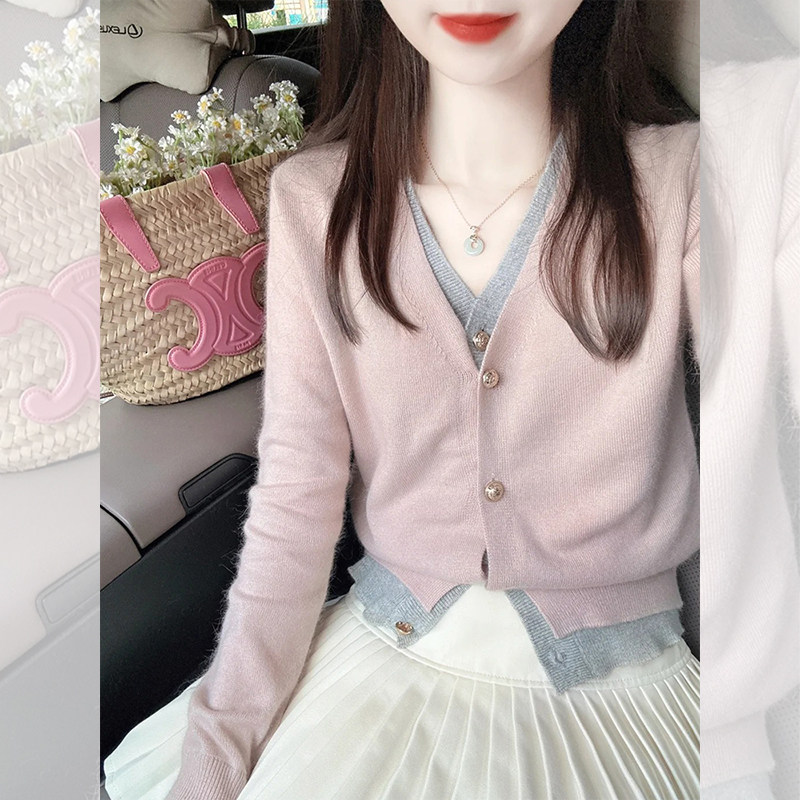 初秋设计感毛衣女装慵懒风粉红小个子韩系假两件冷淡系小众针织衫