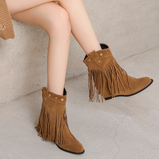 高跟鞋 复古流苏坡跟短筒女靴内增高马丁靴圆头时尚 新款 2025秋冬季