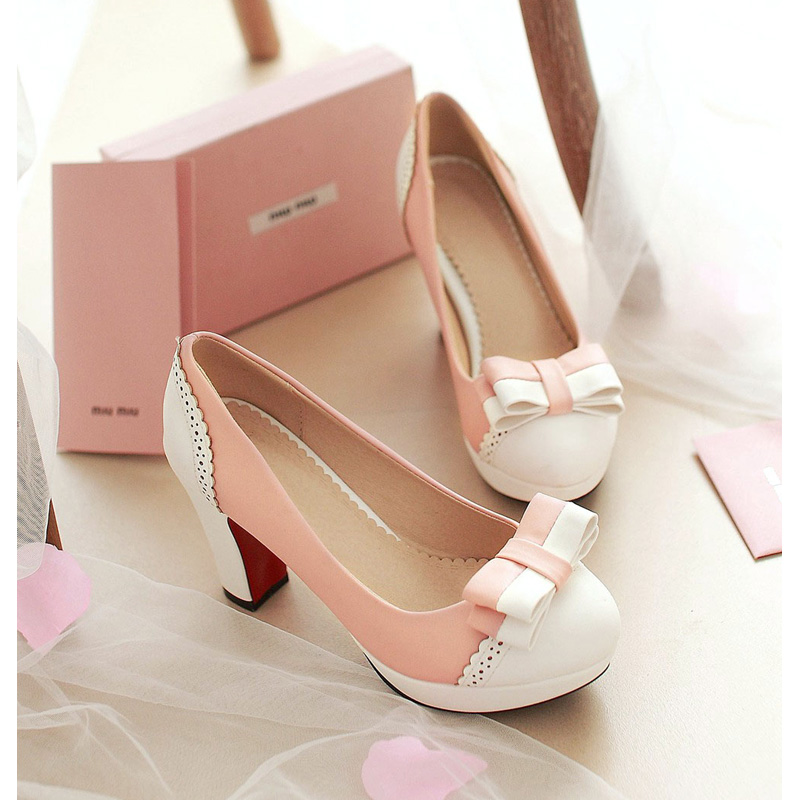蝴蝶结甜美高跟单鞋粗跟女鞋2025春秋季新款防水台圆头百搭韩版夏