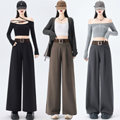 女春秋直筒裤 裤 高腰运动裤 拖地休闲阔腿裤 美式 职场西装 黑色工装