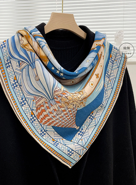 双面双色蓝色城堡真丝羊毛围巾女高档丝羊毛65cm中方巾秋冬季百搭