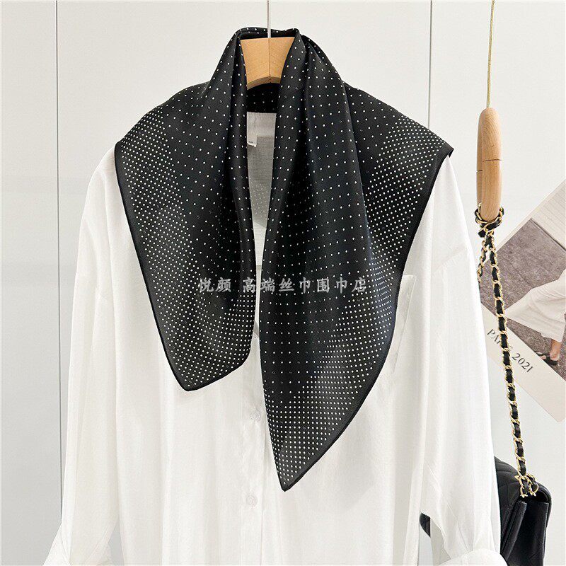 真丝丝巾女士高级感黑色波点系脖桑蚕丝65cm小方巾围巾春夏季薄款