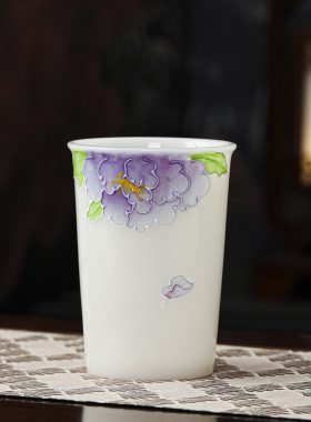 瓷城艺里璞玉花卉陶瓷茶杯白色手绘堆雕茶杯单杯可乐杯啤酒杯水杯