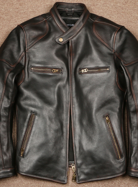 1.8毫米茶芯双色马皮J100机车夹克男士修身短款立领复古真皮皮衣