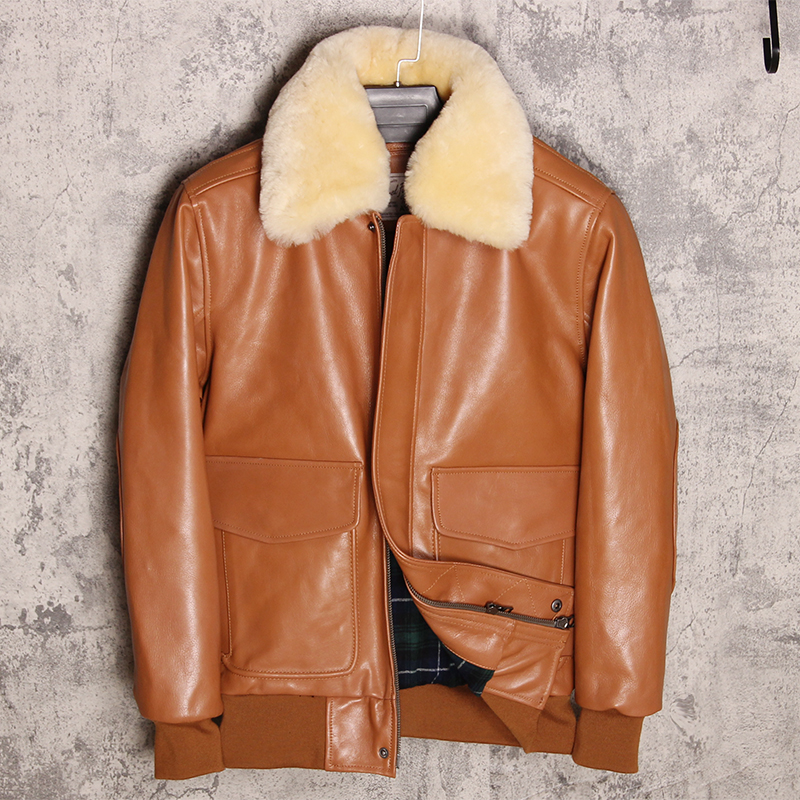 美式宽松毛领头层牛皮大码飞行服