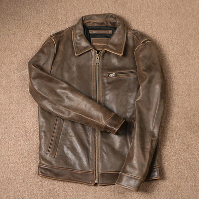 男士纯头层牛皮复古机车外套短款