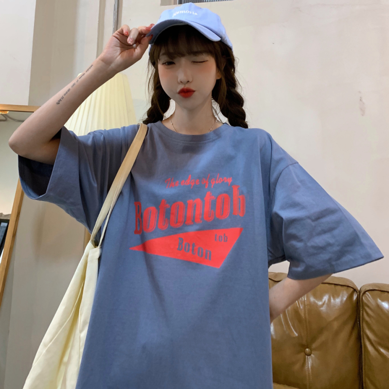 Real shot 2021 summer new Harajuku style short sleeve t-shirt female loose print letter Korean version 65 / 35 pull frame cotton