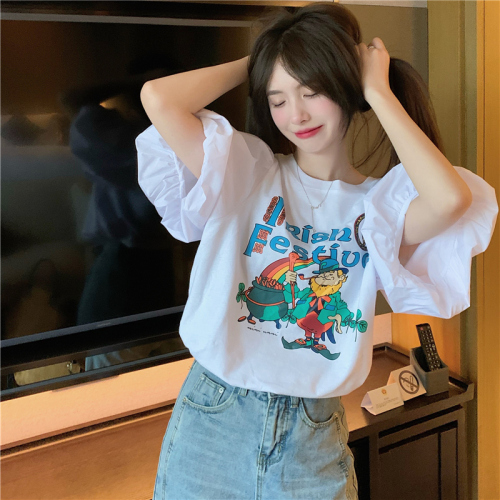 Real shooting cotton bubble sleeve short sleeve T-shirt women's loose design sense women's minority coat