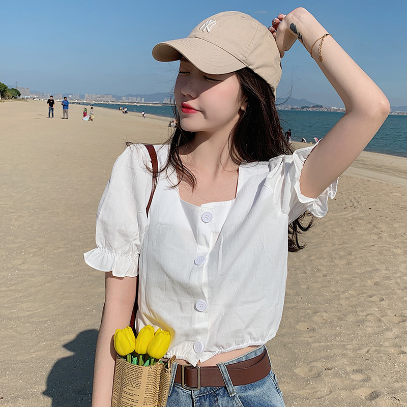 實拍年夏季新款韓版方領恤女上衣潮純棉洗水棉布