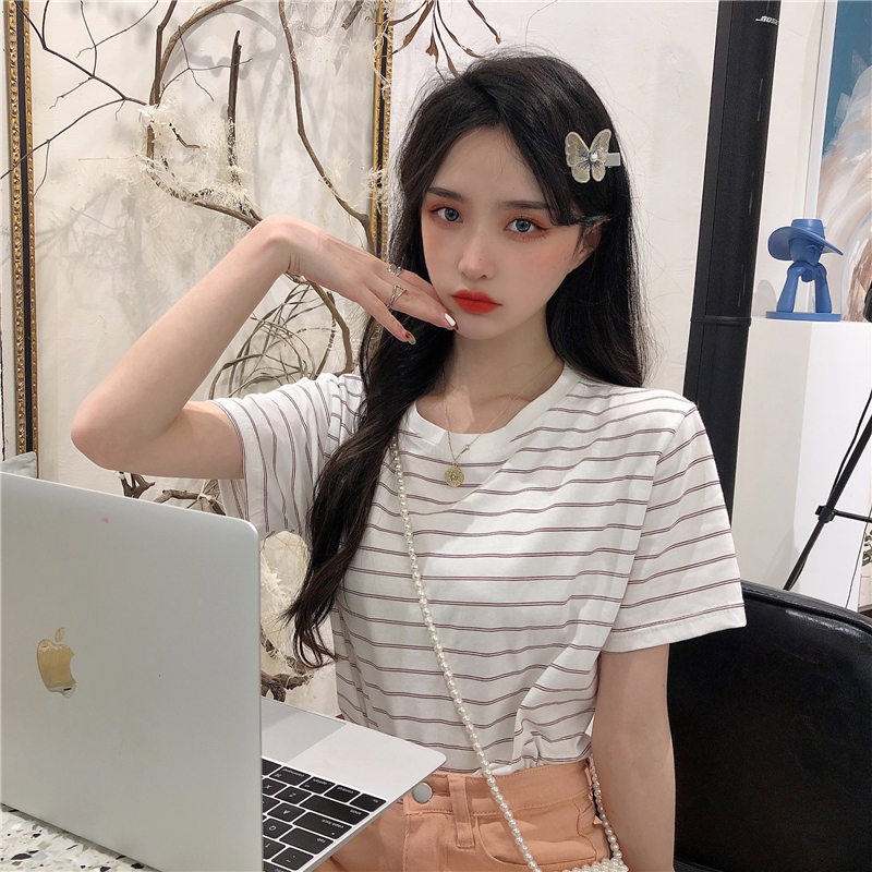 實拍夏裝基礎款條紋寬鬆中風簡約短袖恤女棉