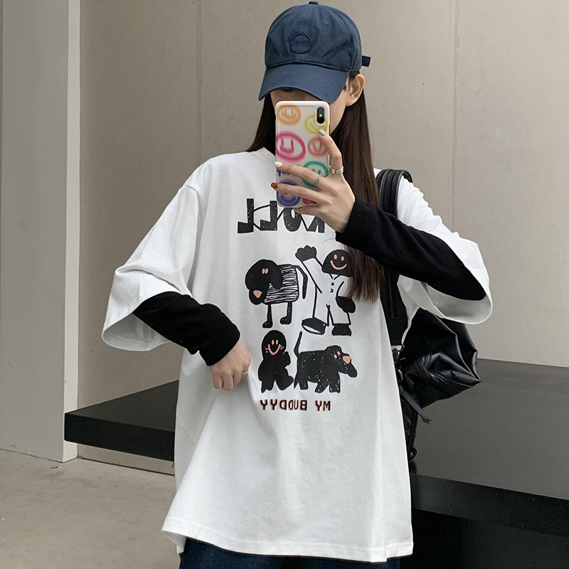 Real shooting new summer clothes Korean version loose folding cartoon printed short sleeve T-shirt women's cotton