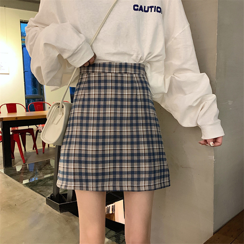 官圖實價有拉鏈有內里格子短裙A字半身裙女