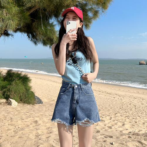 Real shooting shorts women's summer 2022 new Korean version ins Retro High waist hole wide leg jeans Zichao