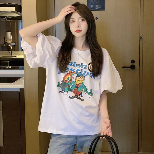 Real shooting cotton bubble sleeve short sleeve T-shirt women's loose design sense women's minority coat